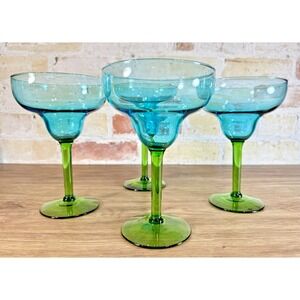 Margarita Glasses Blue Green Stemmed Hand Blown Set of 4 Fiesta Barware Vintage